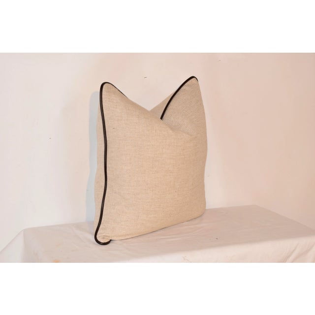 Hand made in North Carolina heavy flax linen pillow with Italian leather welting and dressmaker hidden zipper. Wonderful...