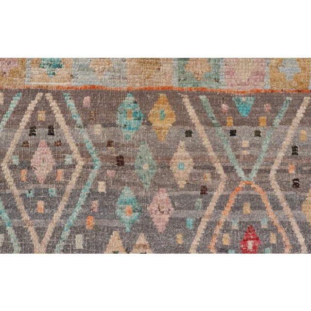 Textile Mid 20th Century Modern Diamonds and Tribal Design Rug in Gray Background and Vivid Colors For Sale - Image 7 of 12
