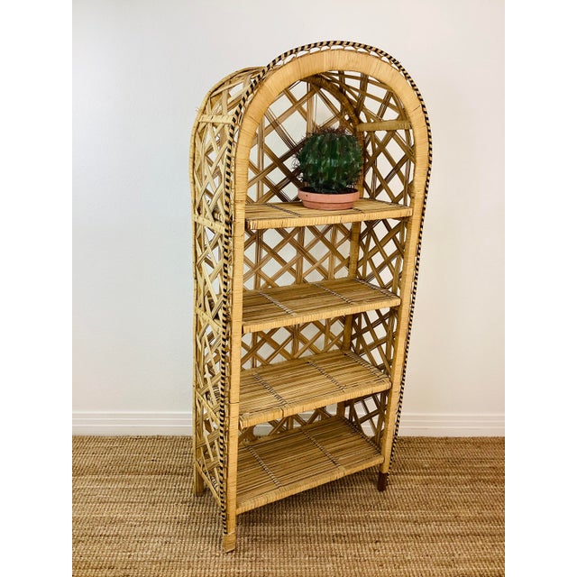 Vintage 1970s Woven Rattan Arch Top Peacock Chair Style Shelf / Bookshelf For Sale In Palm Springs - Image 6 of 9