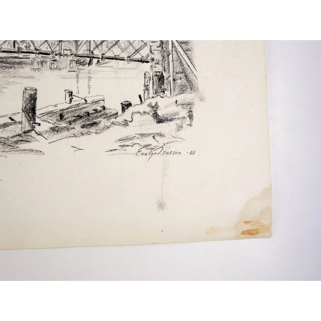 Crayon on paper drawing of industrial riverside scene by Evelyn Manson. Signed and dated 1968 lower right corner....