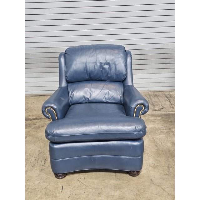 Hancock & Moore Late 20th Century Hancock & Moore Blue Leather Club Chair Arm Chair W Match Ottoman For Sale - Image 4 of 12