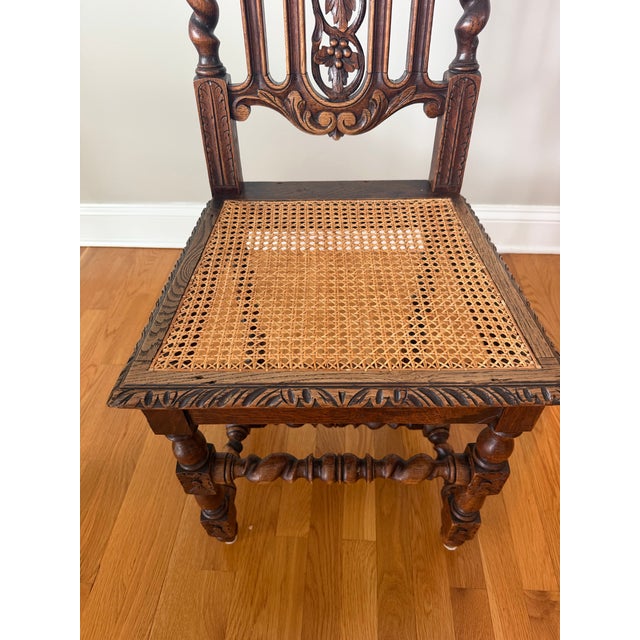 Burnt Umber Set of Six Antique Jacobean Revival Carved Oak Barley Twist Rush Seat Dining Chairs, C. 1900 For Sale - Image 8 of 10