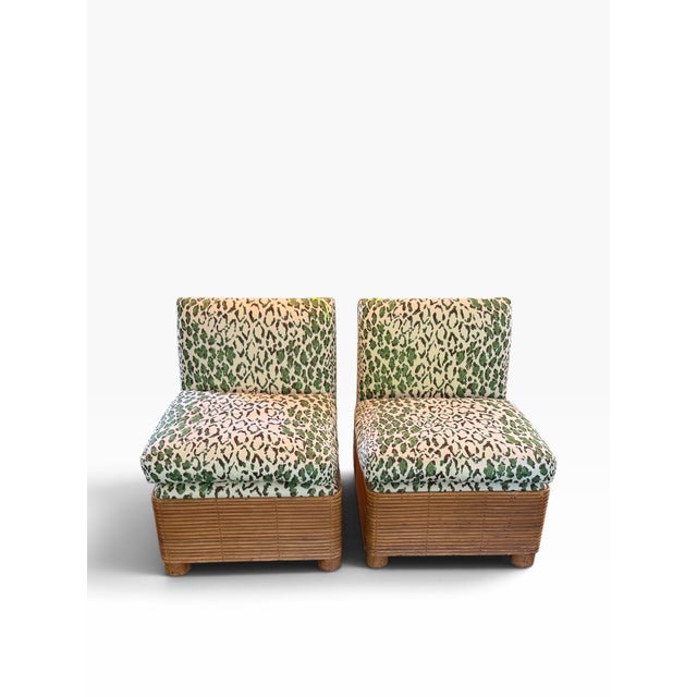 Pair of MCM Pencil Reed Rattan & Green Rose Cumming Leopard Slipper Chairs For Sale - Image 4 of 6