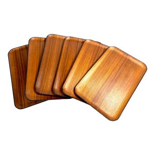Mid Century Modern Japanese Teak & Lacquer “Contempo” Serving Trays by Otagiri Omc For Sale