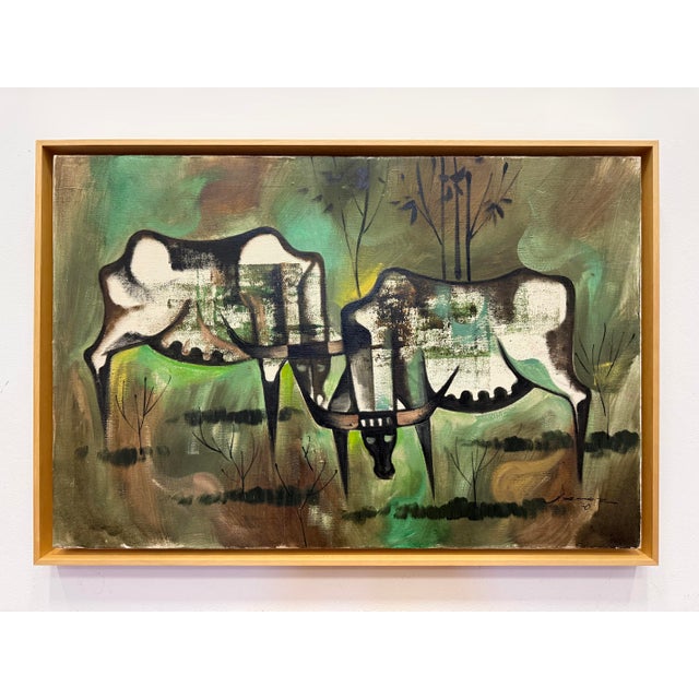 1970s Abstract Expressionist Oil Painting of 2 Steers on Canvas, Newly Framed For Sale - Image 10 of 10