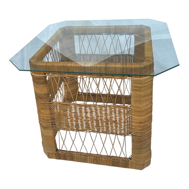 1970’s Woven Wicker Natural RattanTable With Glass Top For Sale