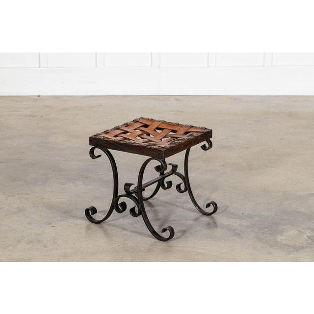 Mid-Century Spanish Brutalist Wrought Iron and Leather Stool, 1960s For Sale - Image 11 of 14