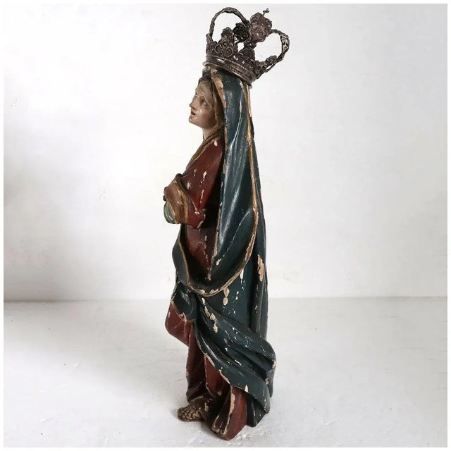 18th Century French Painted Wood, Silver and Sapphire Crowned Madonna Figure For Sale - Image 5 of 12
