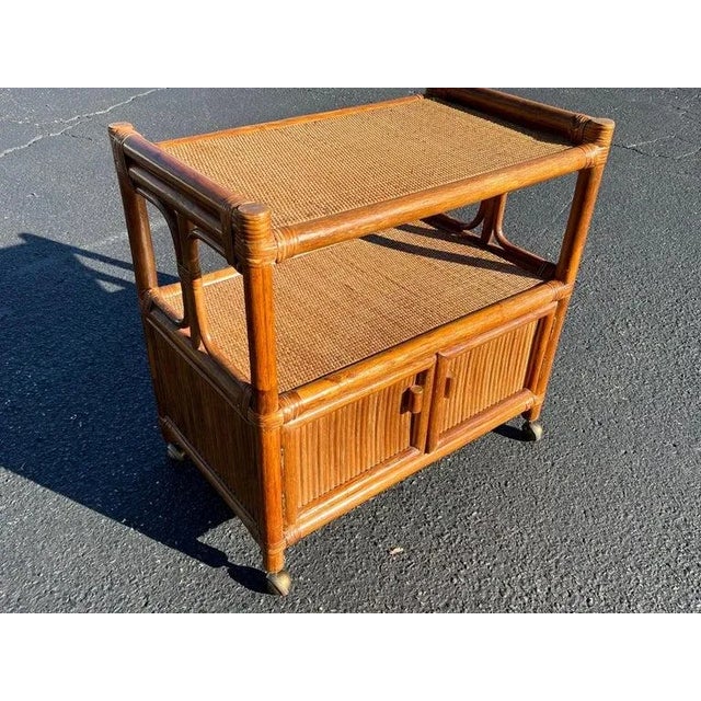 Mid-Century Modern Boho Chic Rattan and Wicker Bar Cart For Sale - Image 3 of 13