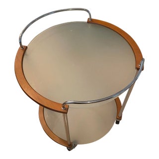 1990s Italian Wood, Sterling, and Frosted Glass 2 Level Bar Cart With Wheels For Sale