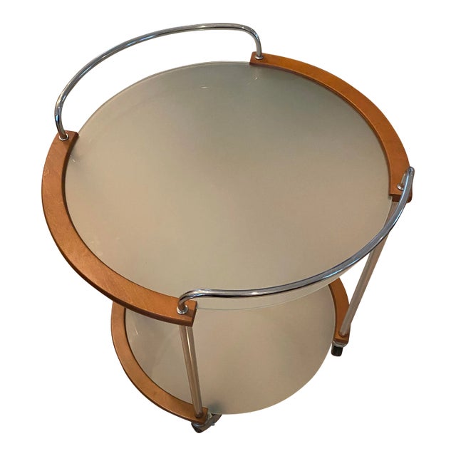 1990s Italian Wood, Sterling, and Frosted Glass 2 Level Bar Cart With Wheels For Sale