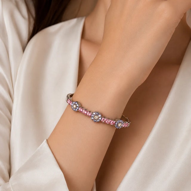 Art Deco Late 20th Century 18K White Gold Pink Blue Sapphire Diamond Bangle Bracelet For Sale - Image 3 of 3