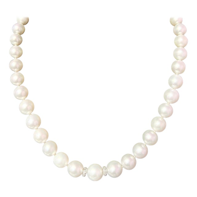Natural South Sea Pearl Diamond Necklace 14k W Gold Certified For Sale