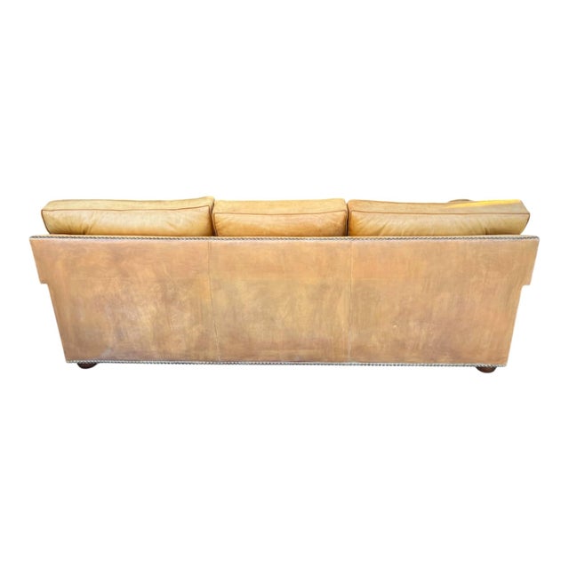 Vintage English Leather Sofa Tan Color Nail Head Trim Feather Down Cushions For Sale - Image 14 of 18
