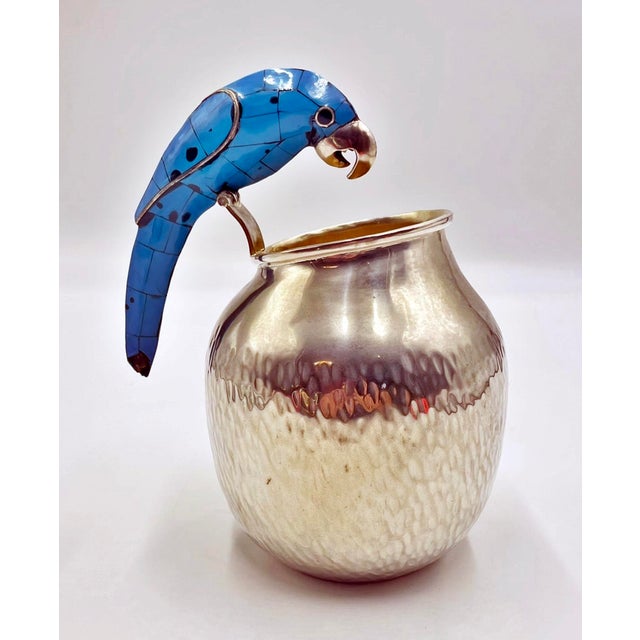 1960s Los Fajardo Silver-Plated Pitcher With Blue Stone Inlaid Parrot Handle, Mexico For Sale - Image 9 of 17
