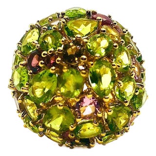 Bochic "Orient" Vintage Natural Peridot & Tourmaline Ring Set 18K & Silver, Size 6.5 For Sale