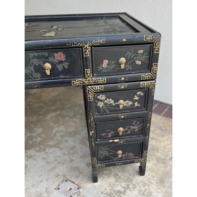Metal 1920s Chinoiserie Three Piece Black Lacquer Desk With Hard-Stone Inlay For Sale - Image 7 of 12