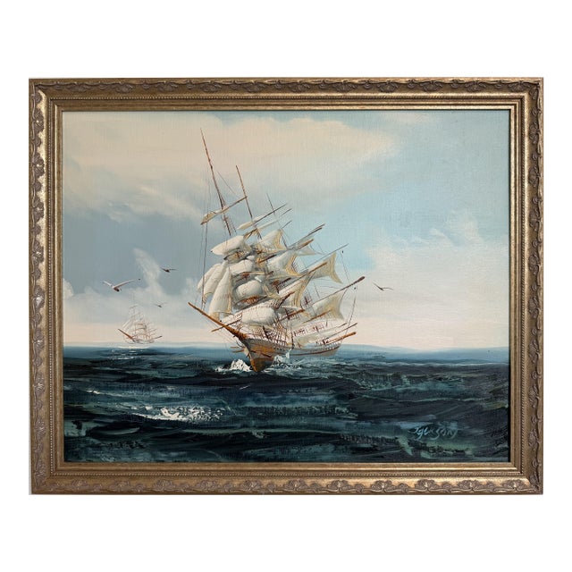 Late 20th Century Listed Artist Hewett Jackson Original Oil Painting | Tall Ship Seascape | Framed For Sale