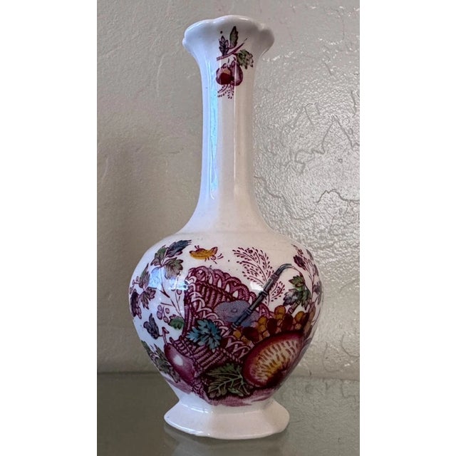 Charming Mason’s Ironstone bud vase made in England, featuring a colorful Fruit Basket design with classic hand-painted...