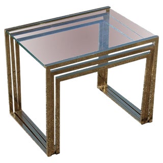 Italian Minimalist Stacking Tables in Brass & Glass, 1970s, Set of 3 For Sale