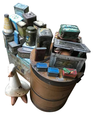 Collection of Tins and a Tin Duck 1900 Total 27 Items Crazy Decoration, Set of 27