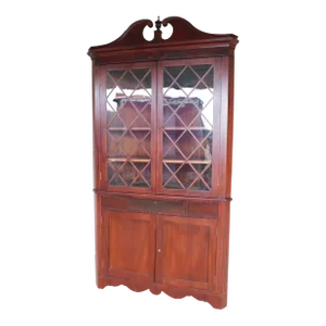 Antique 19th Century Mahogany 2pc Inlaid Corner Cabinet