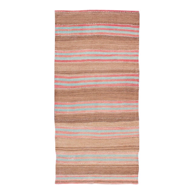 Vintage Turkish Kilim With Soft Brown, Rose, and Aqua Stripes 2'9 X 6'0 For Sale