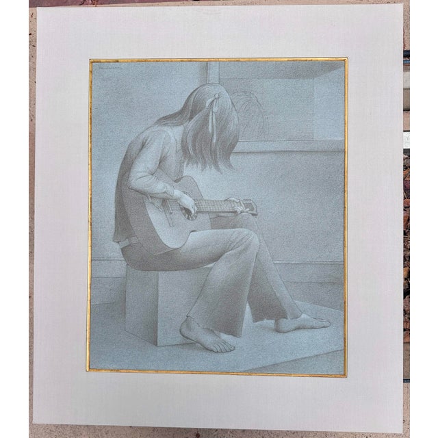 1970s Original Signed Henderson "Study for Guitar" Pencil and White Wash Sketch in Grey Linen and Gold Matting For Sale - Image 11 of 14