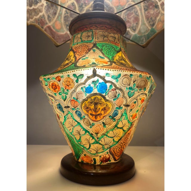 Gold Antique Hand-Painted Vellum Bedroom Table Lamp, South Asia, 1930 For Sale - Image 8 of 17