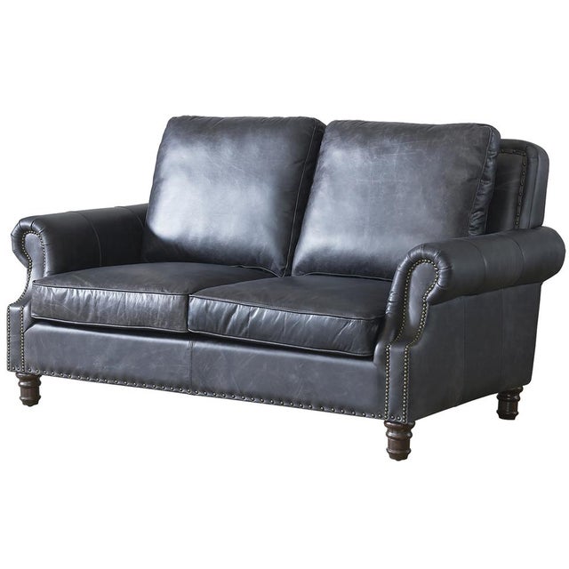 English Rolled Arm Love Seat - Slate Leather For Sale - Image 9 of 9