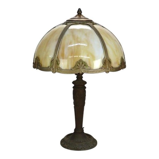 Arts & Crafts 1920s Arts & Crafts Era Bradley & Hubbard Style 6-Panel Slag Glass Lamp For Sale - Image 3 of 14