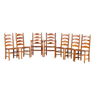 Set of Seven Mid-Century French Country Ladder Back Chairs With Rush Seats For Sale