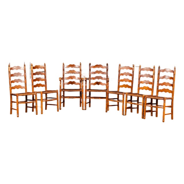 Set of Seven Mid-Century French Country Ladder Back Chairs With Rush Seats For Sale