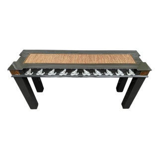 1970's Black Lacquer Console W Silver Leafed Frogs and Copper Corners For Sale