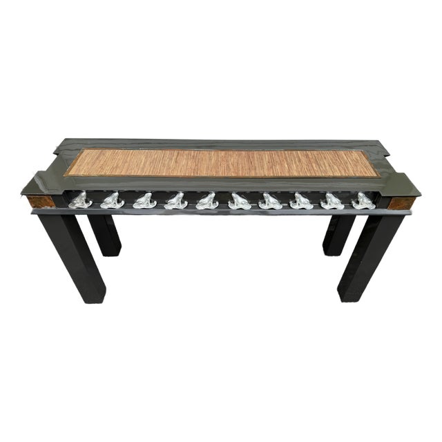 1970's Black Lacquer Console W Silver Leafed Frogs and Copper Corners For Sale