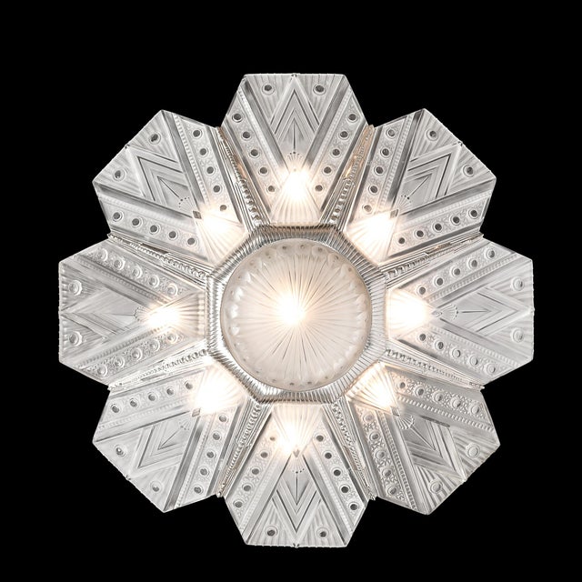Art Deco Art Deco Frosted Glass Cubist Geometric Detail & Fluted Chandelier Signed Leleu For Sale - Image 3 of 18