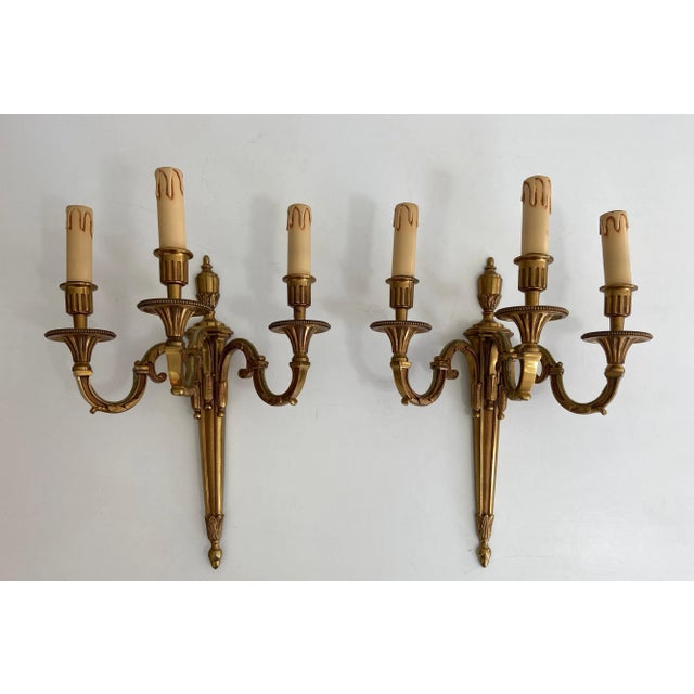 1950s Louis the 16th Style 3 Arms Bronze Wall Lights by Lucien Gau - A Pair For Sale - Image 5 of 13
