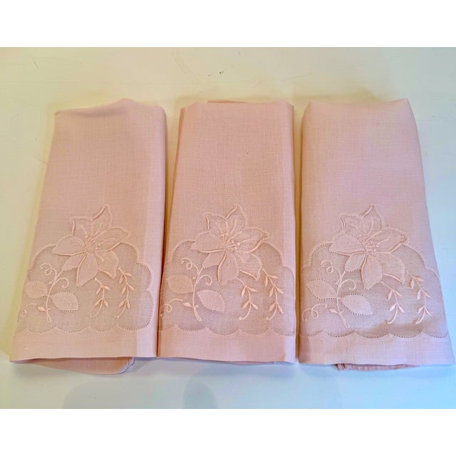 Three Vintage Pale Pale Pink Madeira Linen & Organza Fingertip Towels For Sale - Image 4 of 7