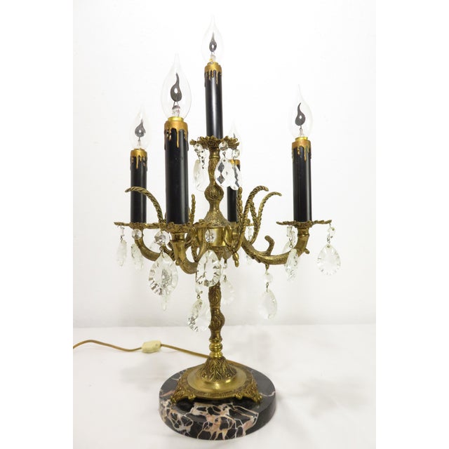 Metal Hollywood Regency Spanish Brass 5 Arm Candelabra Table Lamp on Italian Marble For Sale - Image 7 of 17