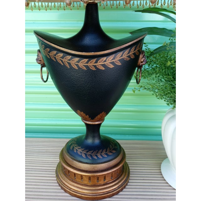 Chelsea House Inc Black Urn Laurel Leaf Lion Head Sides Table Lamp Chelsea House Style W/ Black Beaded Shade For Sale - Image 4 of 8