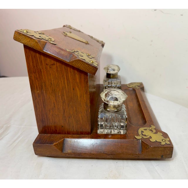 Antique 19th Century English Wood Oak Bronze Inkwell Desk Letter Writing Stand For Sale - Image 12 of 15