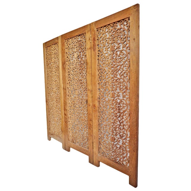 Boho Chic Kayla Vintage Teak Carved Asian Folding Screen / Room Divider For Sale - Image 3 of 5