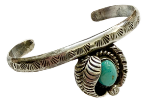 Vintage Southwest Navajo Style Sterling Silver Stamped Turquoise Leaf Cuff Bracelet