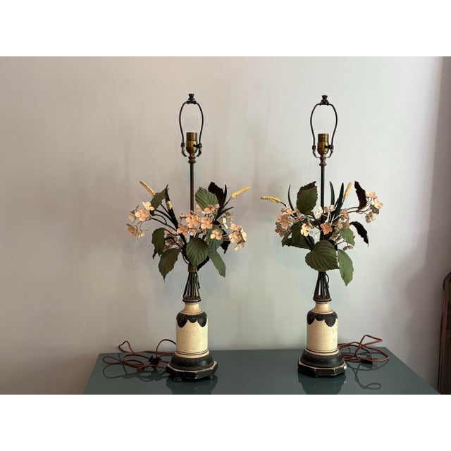 Absolutely gorgeous pair of Italian Tole lamps with dainty pale pink flowers and golden sprays of wheat. All held together...