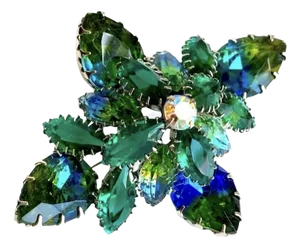 Juliana D & E Green Rhinestone Brooch Blue Heliotrope Pin Unsigned Vintage 1960s