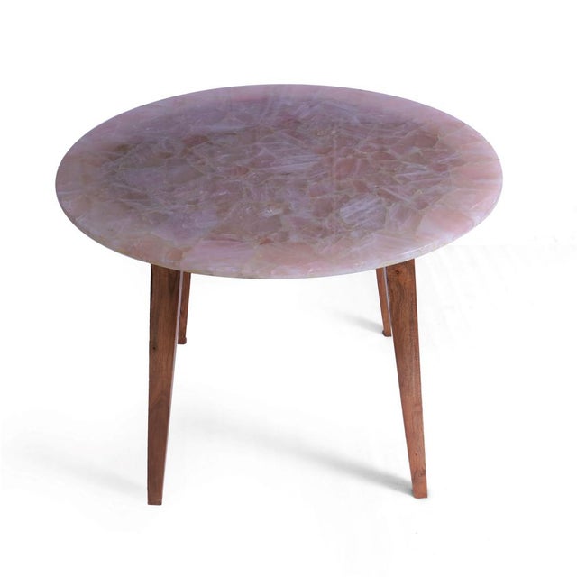 Contemporary Modern Rose Quartz Round Dining Table With Acacia Wood Base For Sale - Image 3 of 4