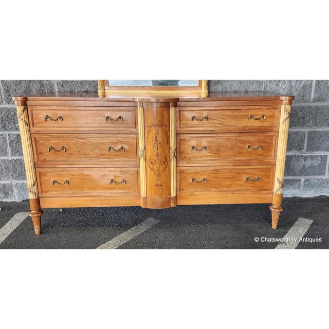 Antique French Neoclassical 1930s Inlaid Satinwood Mahogany Bedroom Dresser W/ Mirror For Sale - Image 13 of 16