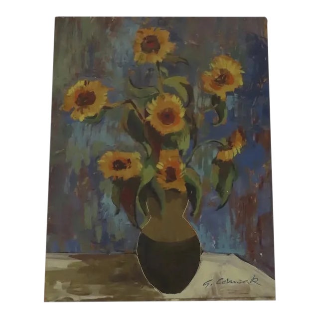 Mid 20th Century Still Life of Sunflowers Oil Painting on Board by George Cermak For Sale