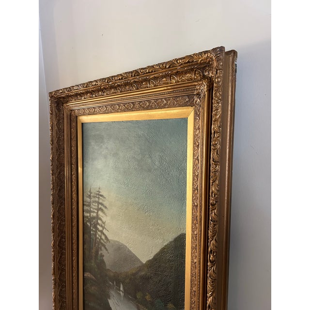 Large Antique Victorian Adirondack Landscape Oil Painting Mountain Lake With Sailboats in Ornate Gold Frame For Sale In Philadelphia - Image 6 of 11