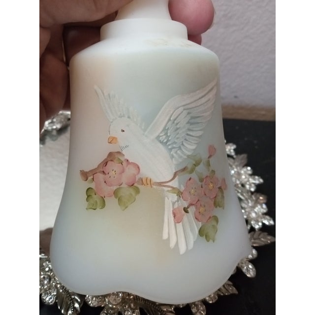 1970s Gorgeous Signed Fenton Hand Painted Satin Glass Bell With Holy Scripture For Sale - Image 4 of 6